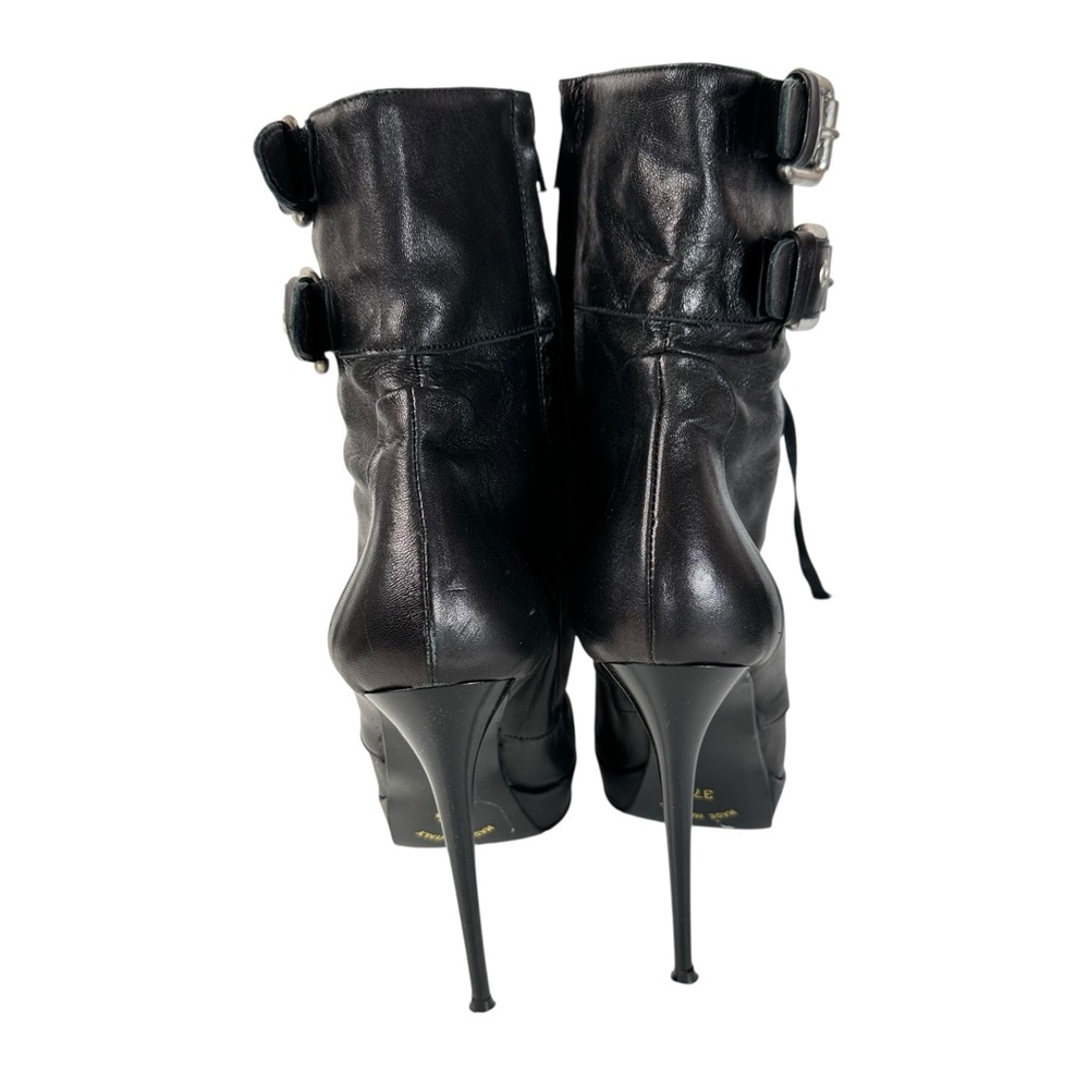 Mimosa Black Leather Stiletto Lace Up Buckle Ankle Boots Euro 37.5 Moto Chic - Picture 10 of 14
